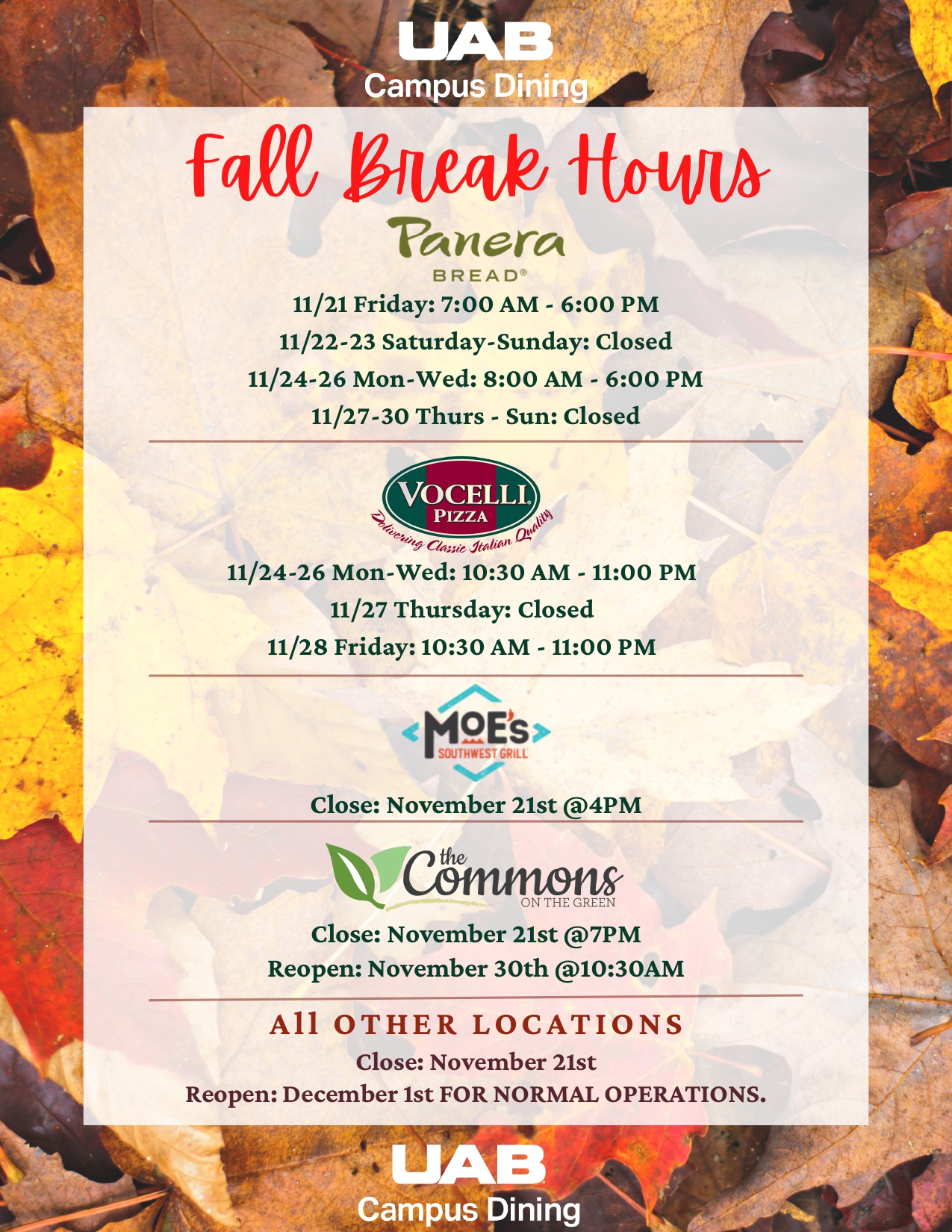 Fall Break Dining Hours